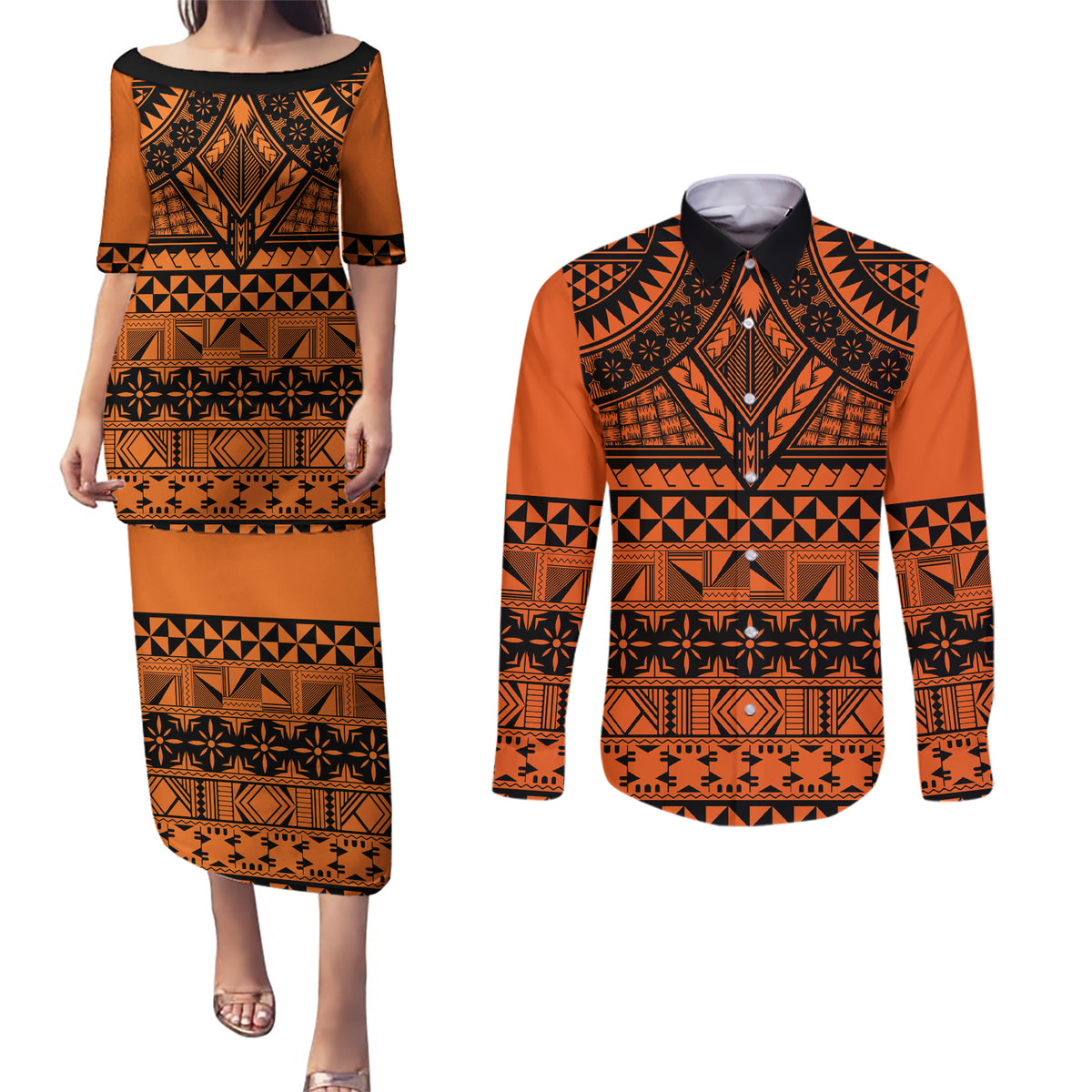 Halo Olaketa Solomon Islands Couples Matching Puletasi and Long Sleeve Button Shirt Melanesian Tribal Pattern Orange Version LT14 Orange - Polynesian Pride