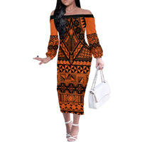 Halo Olaketa Solomon Islands Family Matching Off Shoulder Long Sleeve Dress and Hawaiian Shirt Melanesian Tribal Pattern Orange Version LT14 Mom's Dress Orange - Polynesian Pride