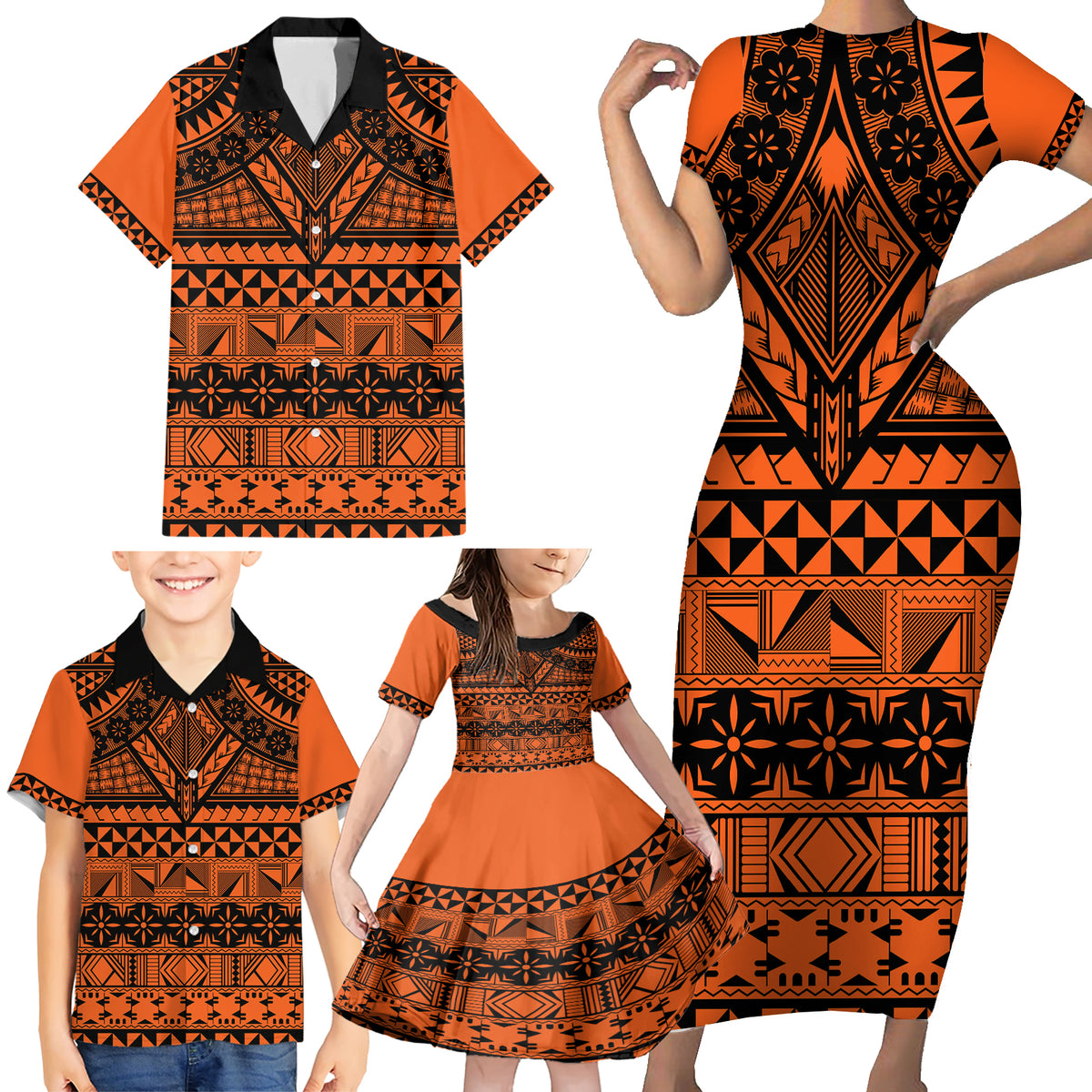 Halo Olaketa Solomon Islands Family Matching Short Sleeve Bodycon Dress and Hawaiian Shirt Melanesian Tribal Pattern Orange Version LT14 - Polynesian Pride