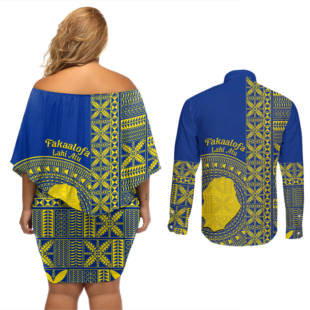 Fakaalofa Lahi Atu Niue Couples Matching Off Shoulder Short Dress and Long Sleeve Button Shirt Niuean Map With Hiapo Pattern Blue Version LT14 - Polynesian Pride