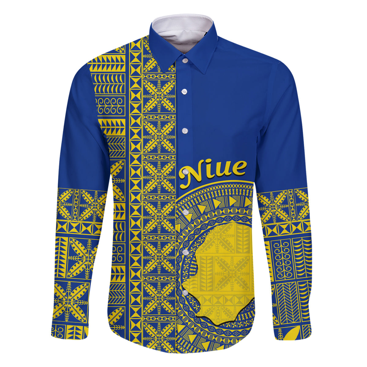 Fakaalofa Lahi Atu Niue Family Matching Long Sleeve Bodycon Dress and Hawaiian Shirt Niuean Map With Hiapo Pattern Blue Version LT14 Dad's Shirt - Long Sleeve Blue - Polynesian Pride