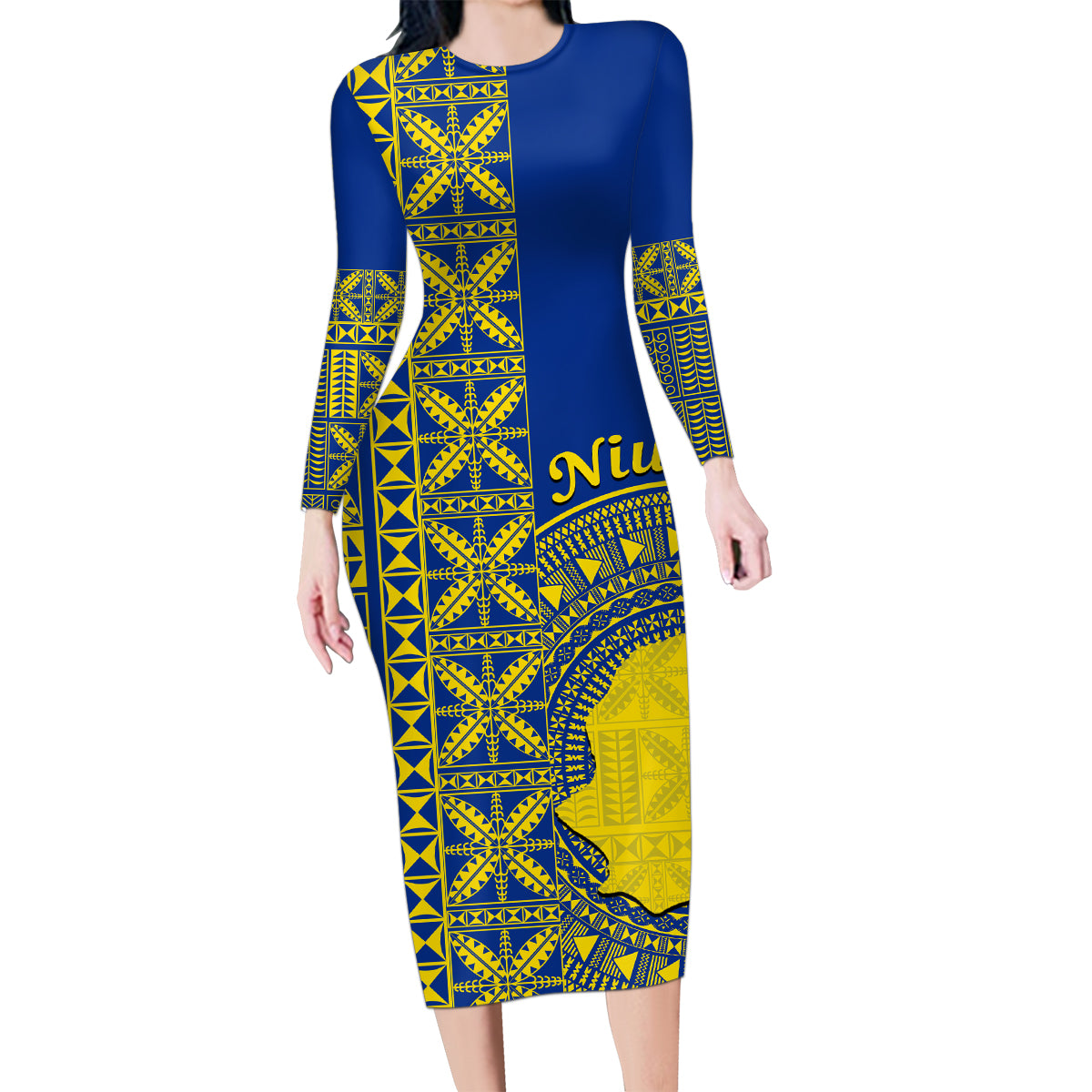 Fakaalofa Lahi Atu Niue Family Matching Long Sleeve Bodycon Dress and Hawaiian Shirt Niuean Map With Hiapo Pattern Blue Version LT14 Mom's Dress Blue - Polynesian Pride