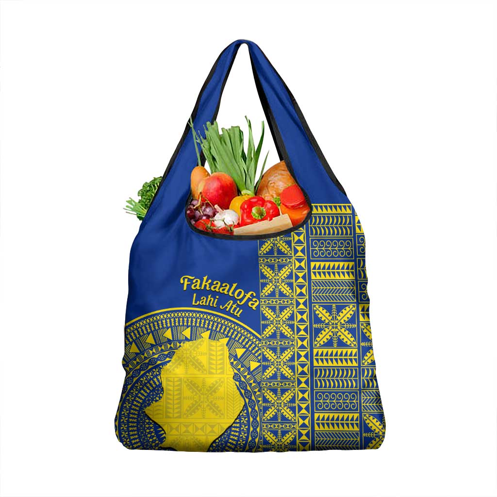 Fakaalofa Lahi Atu Niue Grocery Bag Niuean Map With Hiapo Pattern Blue Version