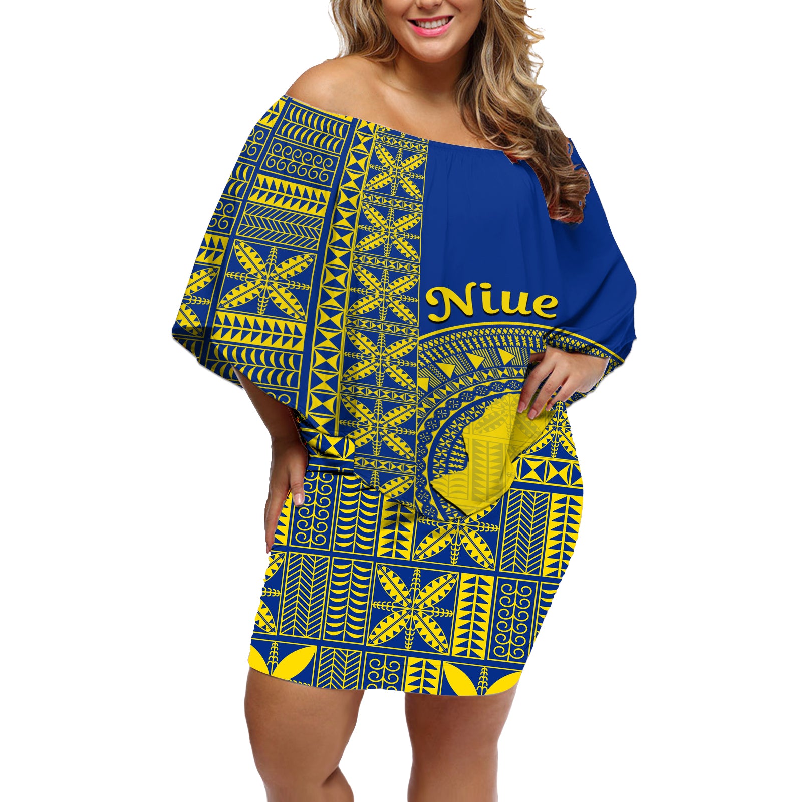 Fakaalofa Lahi Atu Niue Off Shoulder Short Dress Niuean Map With Hiapo Pattern Blue Version LT14 Women Blue - Polynesian Pride