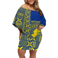 Fakaalofa Lahi Atu Niue Off Shoulder Short Dress Niuean Map With Hiapo Pattern Blue Version LT14 Women Blue - Polynesian Pride