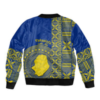 Fakaalofa Lahi Atu Niue Sleeve Zip Bomber Jacket Niuean Map With Hiapo Pattern Blue Version LT14 - Polynesian Pride