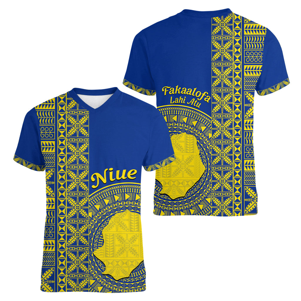 Fakaalofa Lahi Atu Niue Women V Neck T Shirt Niuean Map With Hiapo Pattern Blue Version LT14 - Polynesian Pride