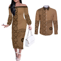 Fakaalofa Lahi Atu Niue Couples Matching Off The Shoulder Long Sleeve Dress and Long Sleeve Button Shirt Vintage Hiapo Pattern Brown Version LT14 Brown - Polynesian Pride