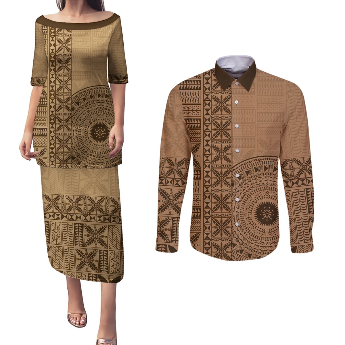 Fakaalofa Lahi Atu Niue Couples Matching Puletasi and Long Sleeve Button Shirt Vintage Hiapo Pattern Brown Version LT14 Brown - Polynesian Pride