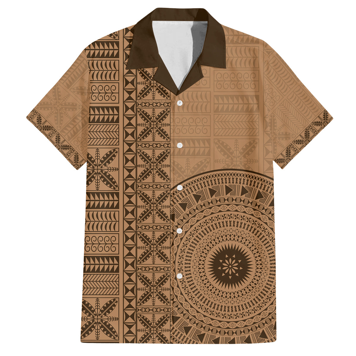 Fakaalofa Lahi Atu Niue Family Matching Long Sleeve Bodycon Dress and Hawaiian Shirt Vintage Hiapo Pattern Brown Version LT14 Dad's Shirt - Short Sleeve Brown - Polynesian Pride