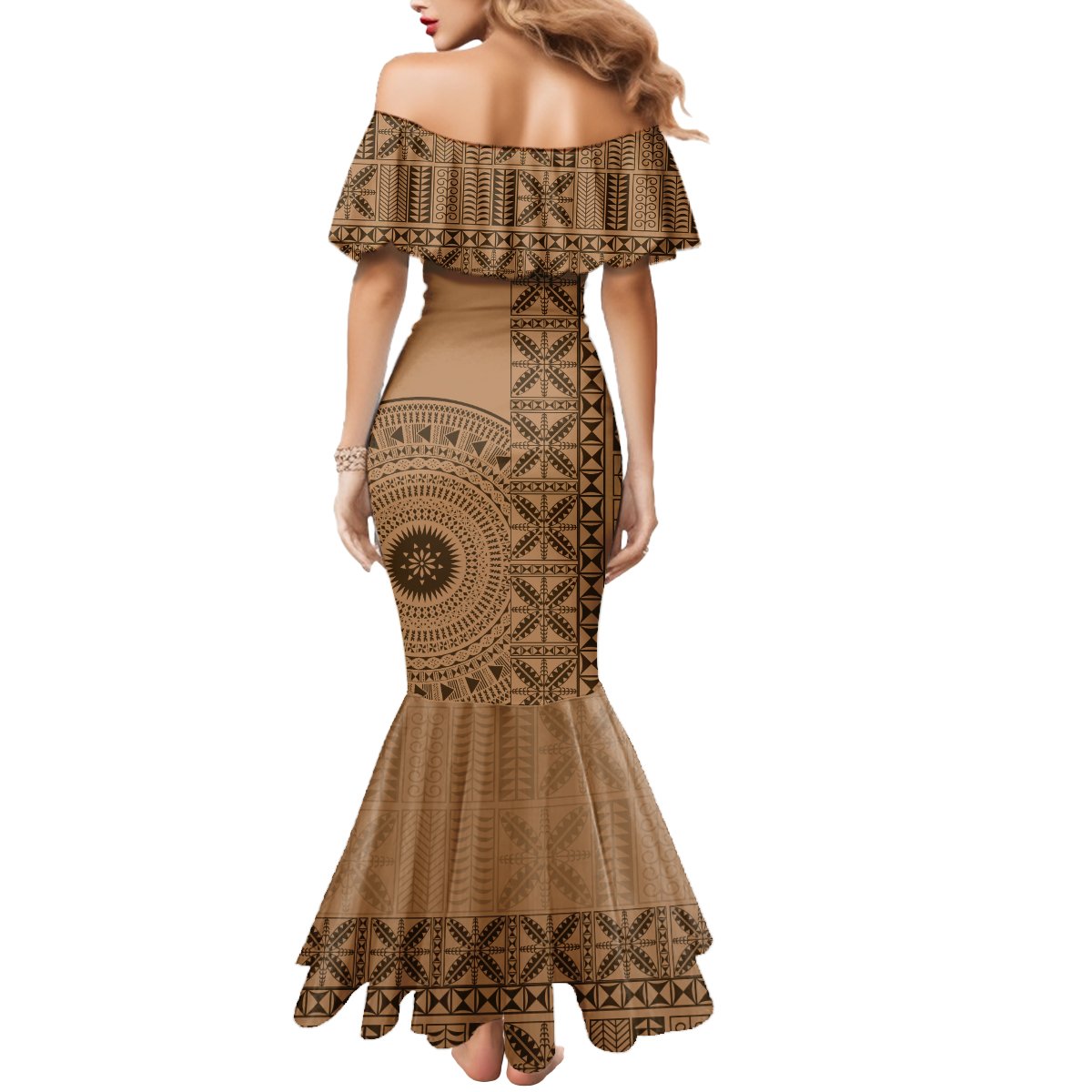 Fakaalofa Lahi Atu Niue Mermaid Dress Vintage Hiapo Pattern Brown Version LT14 - Polynesian Pride
