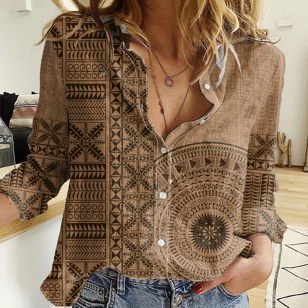 Fakaalofa Lahi Atu Niue Women Casual Shirt Vintage Hiapo Pattern Brown Version LT14 Female Brown - Polynesian Pride