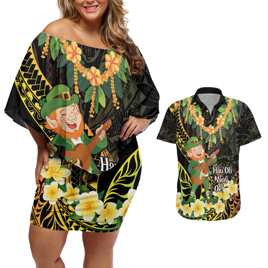 Hawaii Saint Patrick's Day Couples Matching Off Shoulder Short Dress and Hawaiian Shirt Ukulele Leprechaun Hau'Oli Maoli Oe!