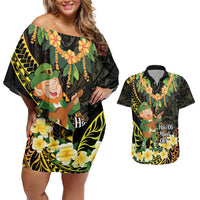 Hawaii Saint Patrick's Day Couples Matching Off Shoulder Short Dress and Hawaiian Shirt Ukulele Leprechaun Hau'Oli Maoli Oe!