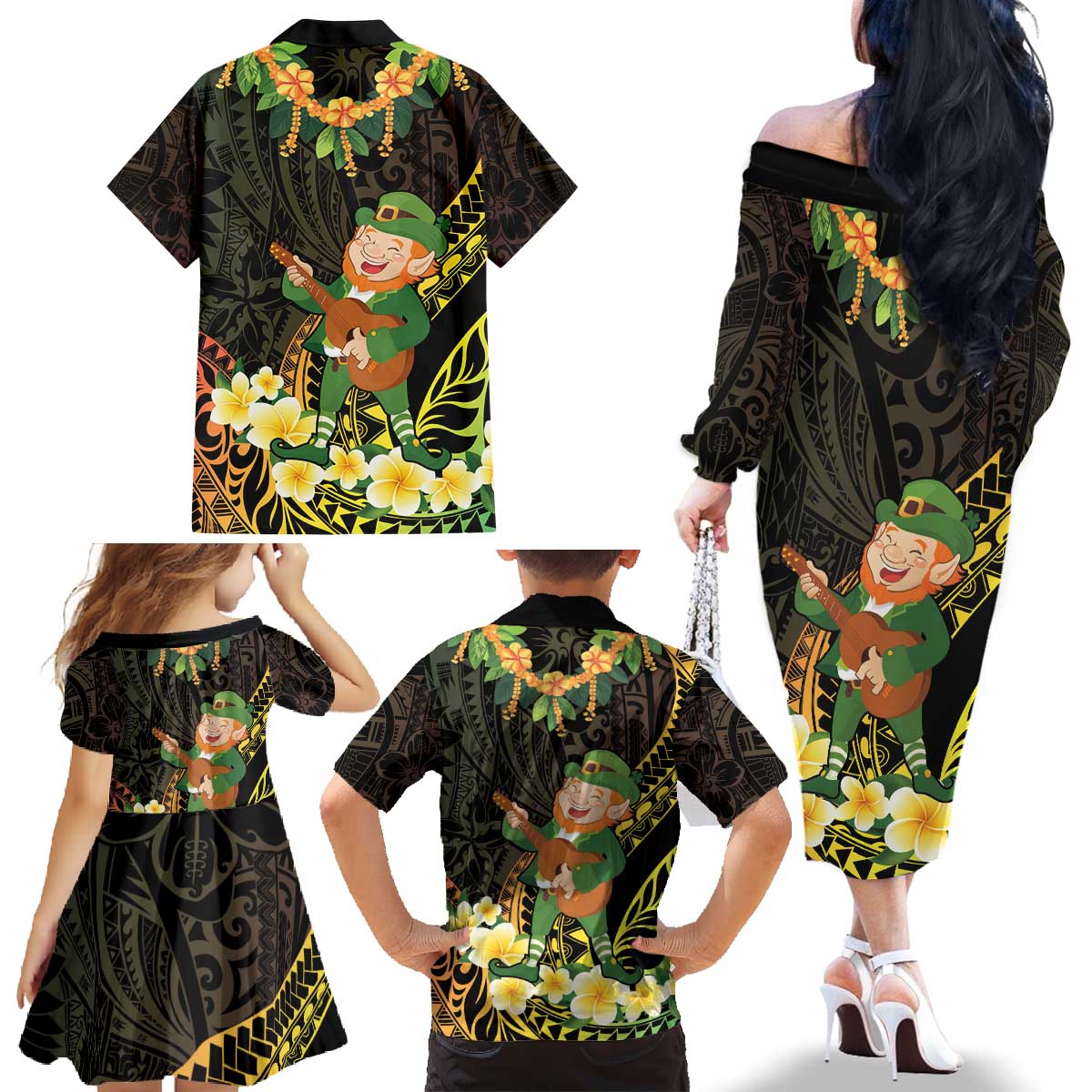 Hawaii Saint Patrick's Day Family Matching Off The Shoulder Long Sleeve Dress and Hawaiian Shirt Ukulele Leprechaun Hau'Oli Maoli Oe!