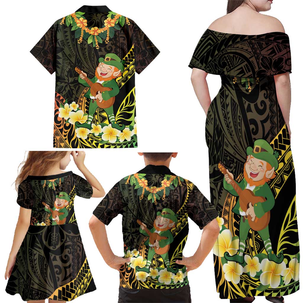 Hawaii Saint Patrick's Day Family Matching Off Shoulder Maxi Dress and Hawaiian Shirt Ukulele Leprechaun Hau'Oli Maoli Oe!