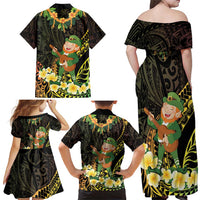 Hawaii Saint Patrick's Day Family Matching Off Shoulder Maxi Dress and Hawaiian Shirt Ukulele Leprechaun Hau'Oli Maoli Oe!