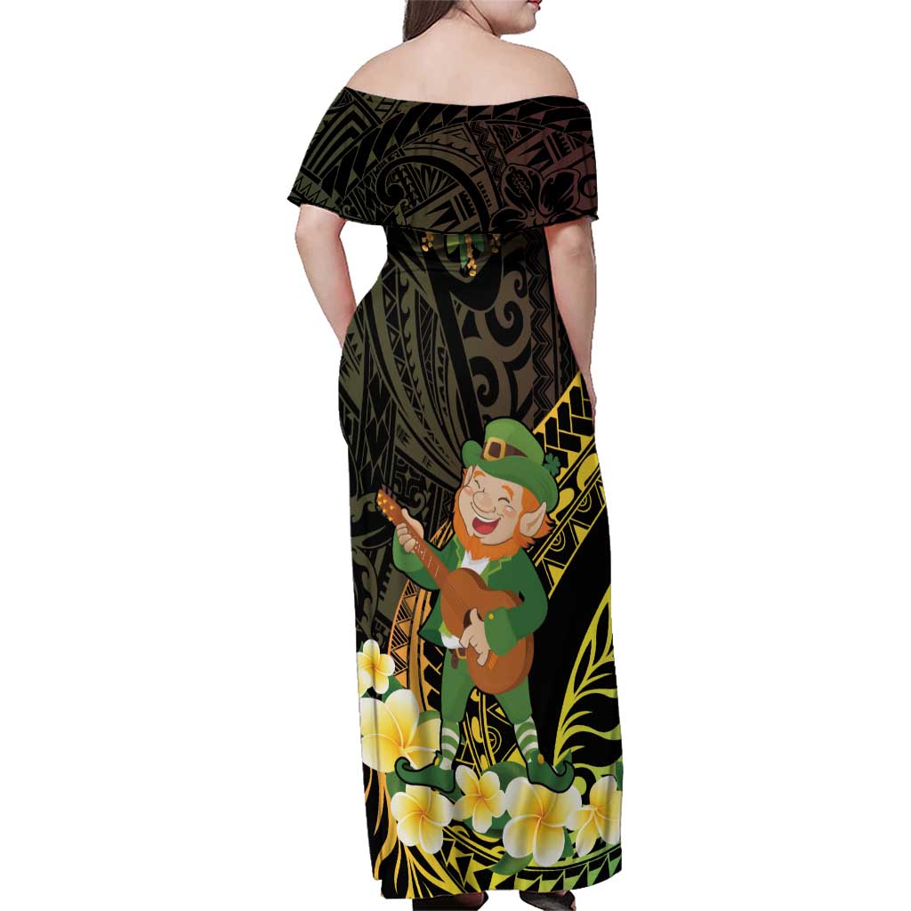 Hawaii Saint Patrick's Day Family Matching Off Shoulder Maxi Dress and Hawaiian Shirt Ukulele Leprechaun Hau'Oli Maoli Oe!