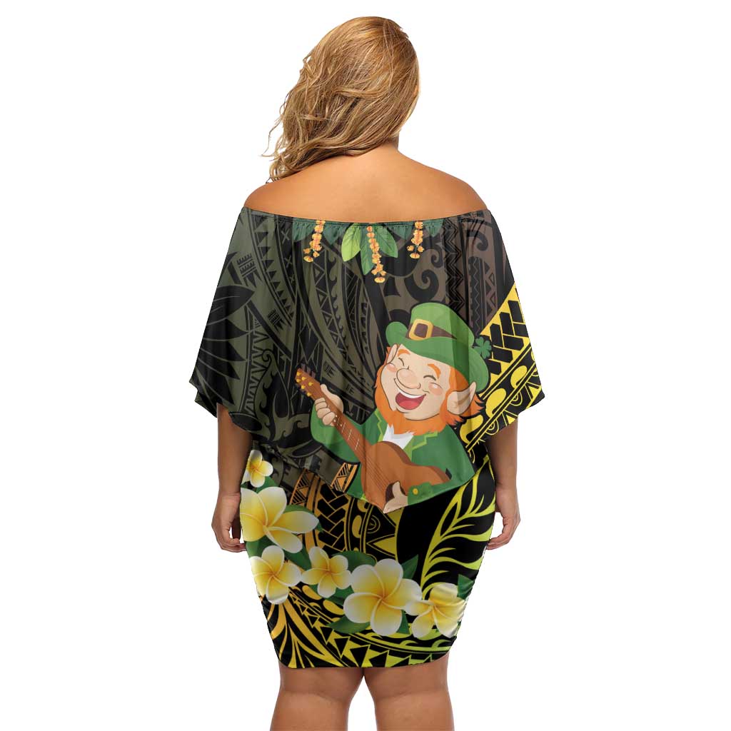 Hawaii Saint Patrick's Day Family Matching Off Shoulder Short Dress and Hawaiian Shirt Ukulele Leprechaun Hau'Oli Maoli Oe!