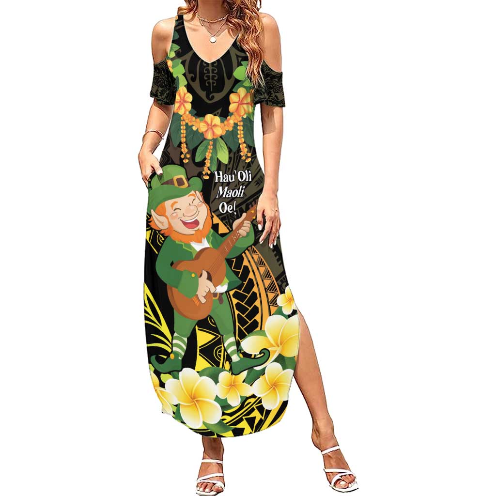 Hawaii Saint Patrick's Day Family Matching Summer Maxi Dress and Hawaiian Shirt Ukulele Leprechaun Hau'Oli Maoli Oe!