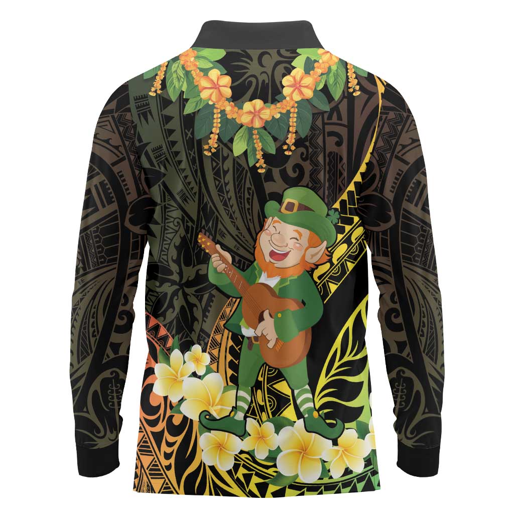 Hawaii Saint Patrick's Day Long Sleeve Polo Shirt Ukulele Leprechaun Hau'Oli Maoli Oe!