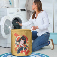 Japanese Geisha Koi Fish Laundry Basket Cherry Blossoms Yellow Seigaiha Pattern - Polynesian Pride