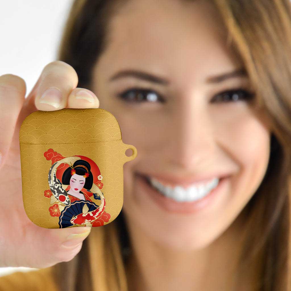 Japanese Geisha Koi Fish AirPods Case Cherry Blossoms Yellow Seigaiha Pattern - Polynesian Pride