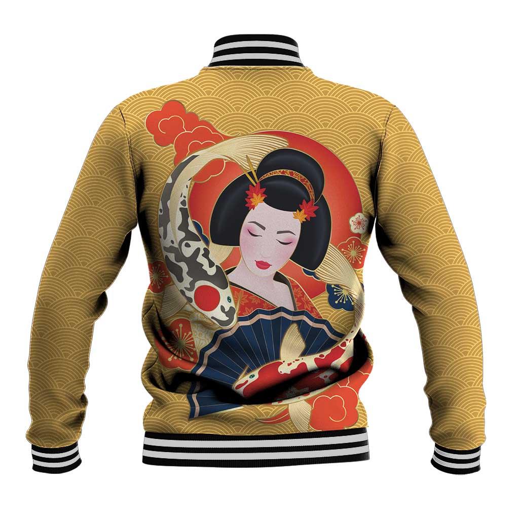 Japanese Geisha Koi Fish Baseball Jacket Cherry Blossoms Yellow Seigaiha Pattern - Polynesian Pride