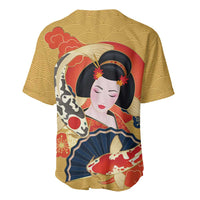 Japanese Geisha Koi Fish Baseball Jersey Cherry Blossoms Yellow Seigaiha Pattern - Polynesian Pride