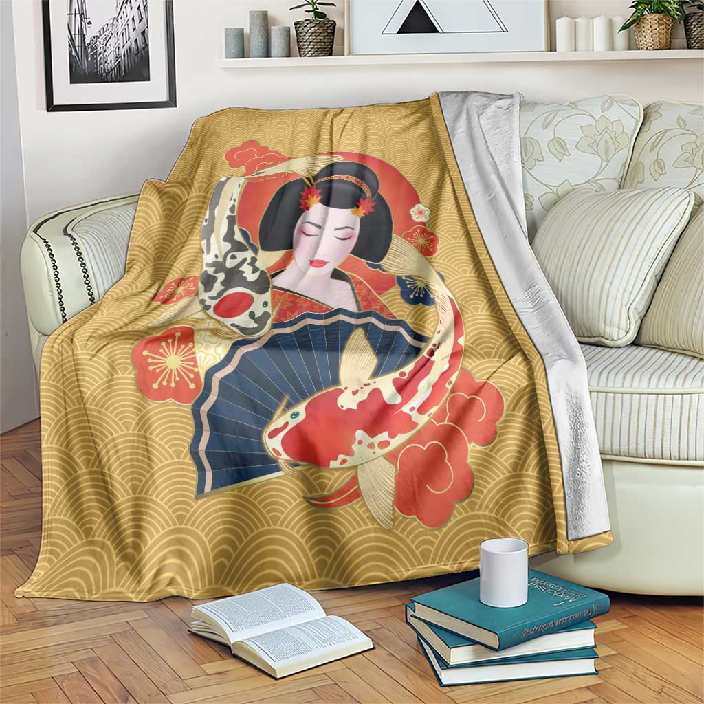 Japanese Geisha Koi Fish Blanket Cherry Blossoms Yellow Seigaiha Pattern - Polynesian Pride