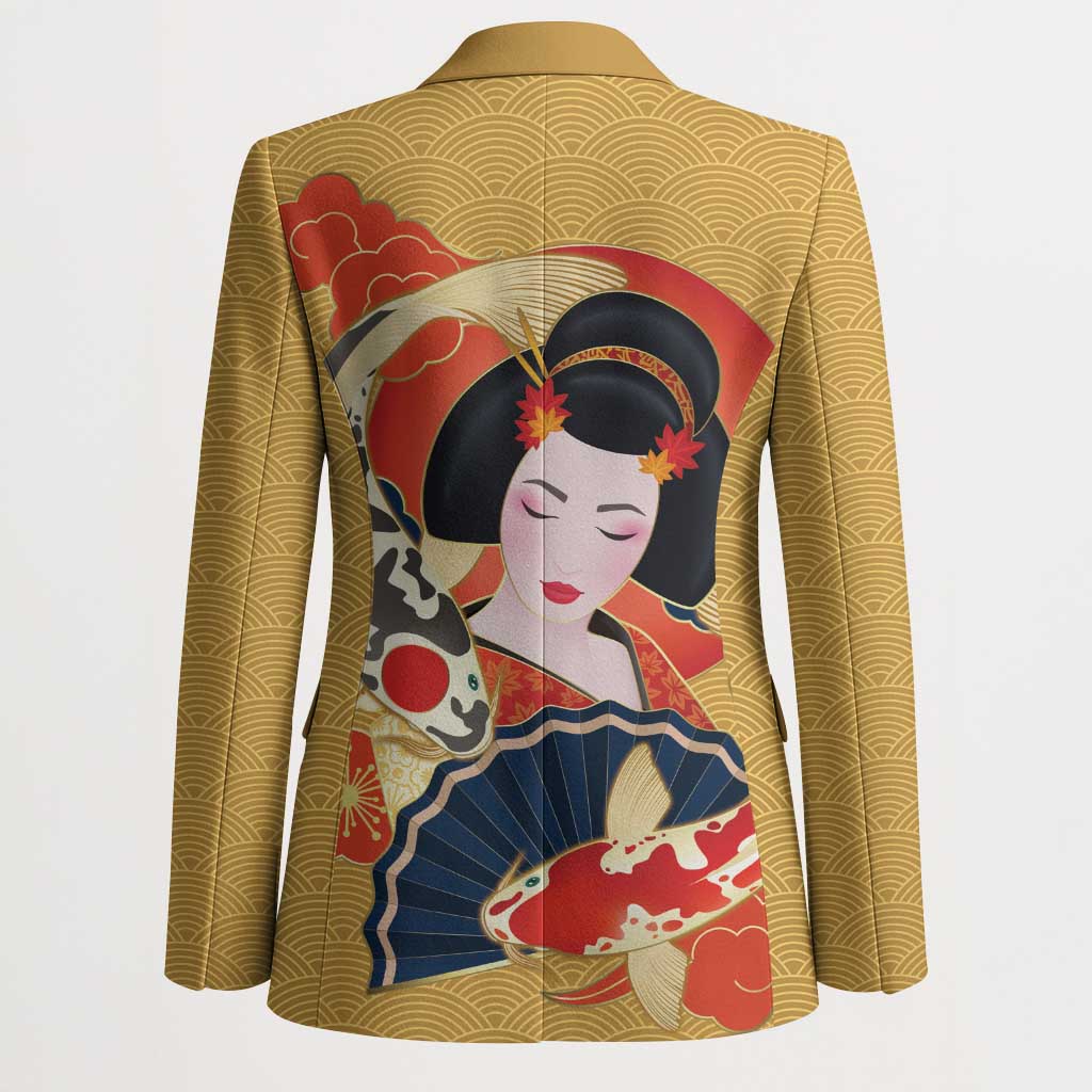 Japanese Geisha Koi Fish Blazer Cherry Blossoms Yellow Seigaiha Pattern - Polynesian Pride
