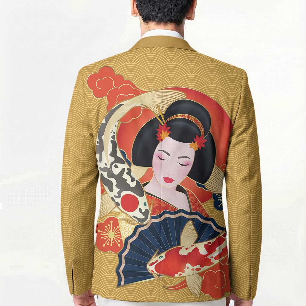 Japanese Geisha Koi Fish Blazer Cherry Blossoms Yellow Seigaiha Pattern - Polynesian Pride