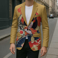 Japanese Geisha Koi Fish Blazer Cherry Blossoms Yellow Seigaiha Pattern - Polynesian Pride