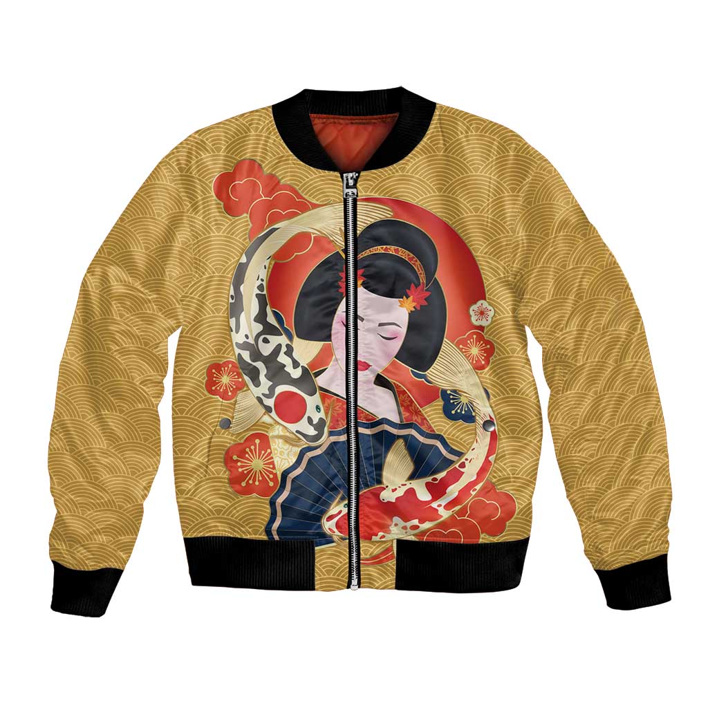 Japanese Geisha Koi Fish Bomber Jacket Cherry Blossoms Yellow Seigaiha Pattern - Polynesian Pride