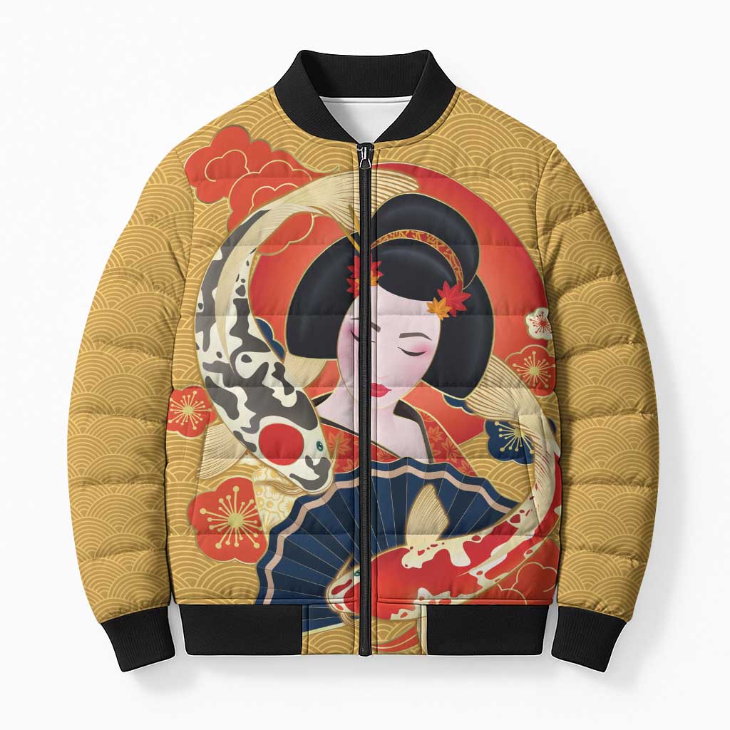 Japanese Geisha Koi Fish Bomber Puffer Jacket Cherry Blossoms Yellow Seigaiha Pattern - Polynesian Pride