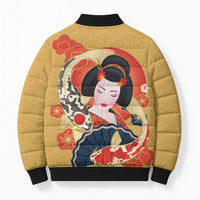 Japanese Geisha Koi Fish Bomber Puffer Jacket Cherry Blossoms Yellow Seigaiha Pattern - Polynesian Pride