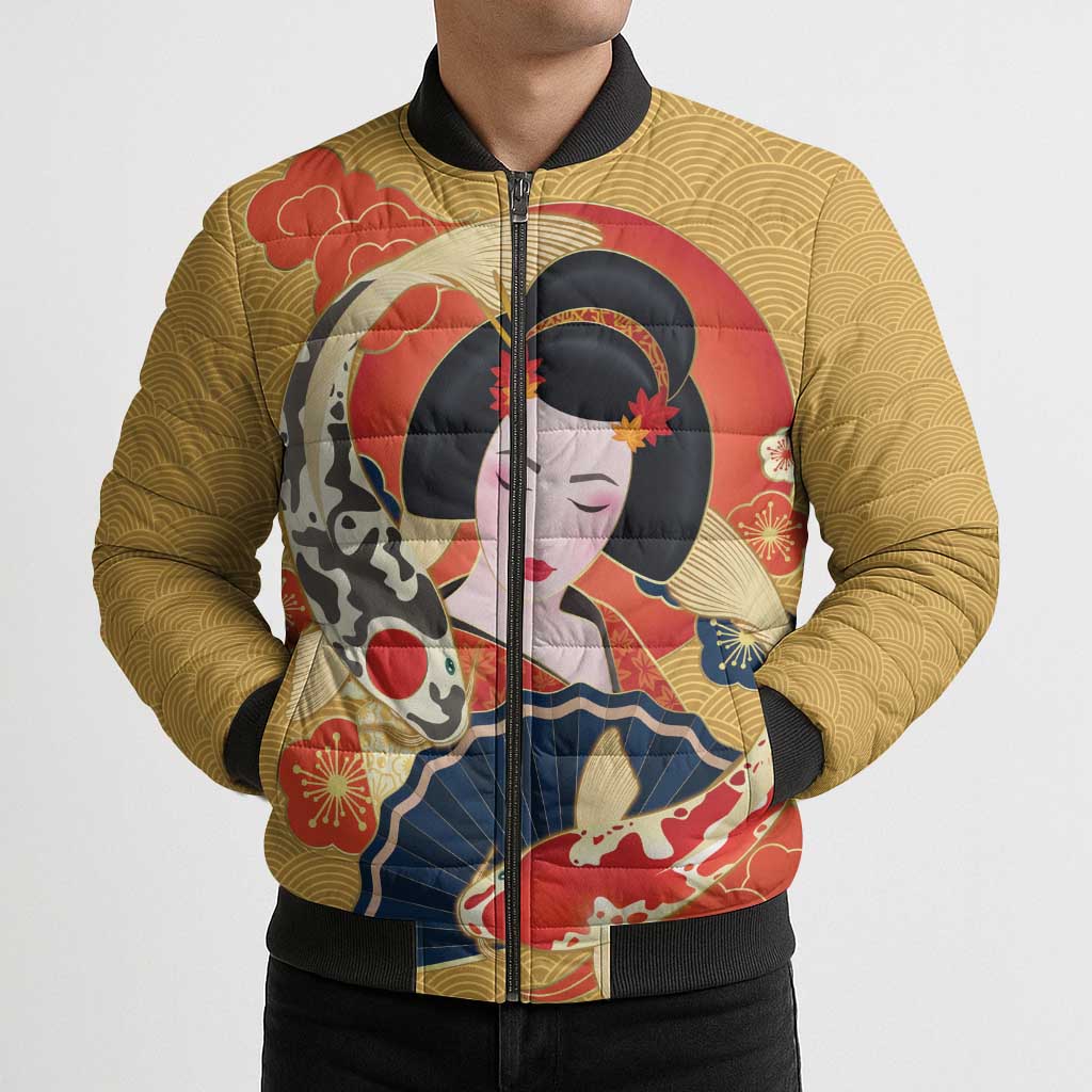 Japanese Geisha Koi Fish Bomber Puffer Jacket Cherry Blossoms Yellow Seigaiha Pattern - Polynesian Pride