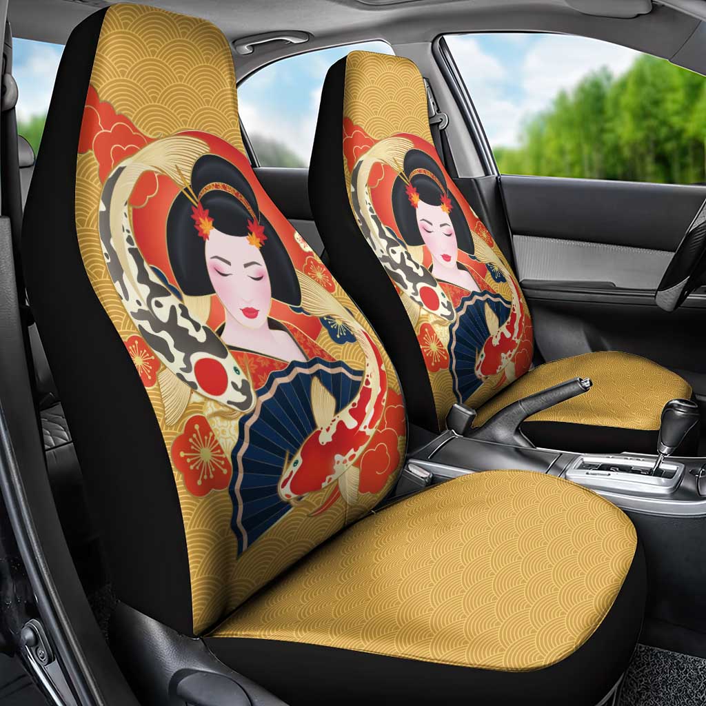Japanese Geisha Koi Fish Car Seat Cover Cherry Blossoms Yellow Seigaiha Pattern LT14 - Polynesian Pride