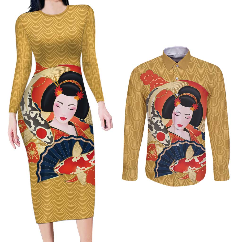 Japanese Geisha Koi Fish Couples Matching Long Sleeve Bodycon Dress and Long Sleeve Button Shirt Cherry Blossoms Yellow Seigaiha Pattern LT14 Yellow - Polynesian Pride