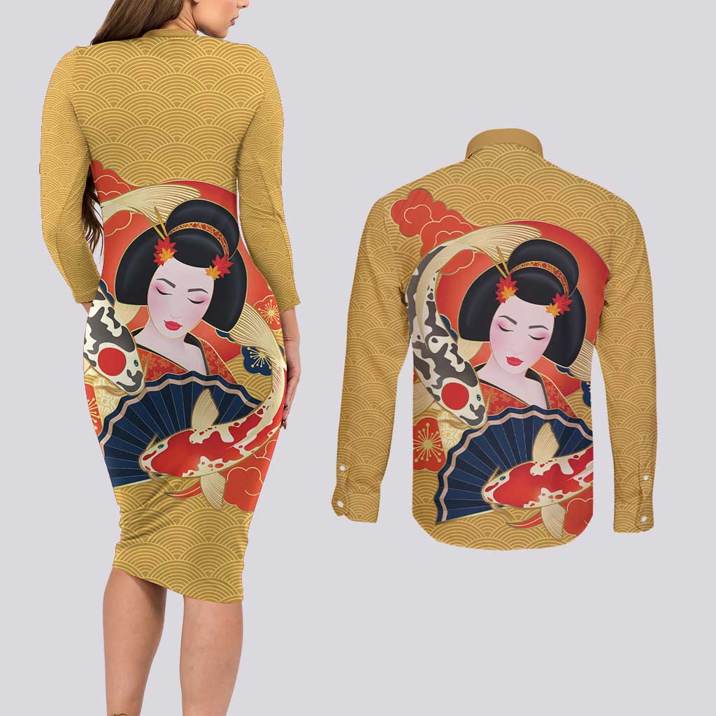 Japanese Geisha Koi Fish Couples Matching Long Sleeve Bodycon Dress and Long Sleeve Button Shirt Cherry Blossoms Yellow Seigaiha Pattern LT14 - Polynesian Pride