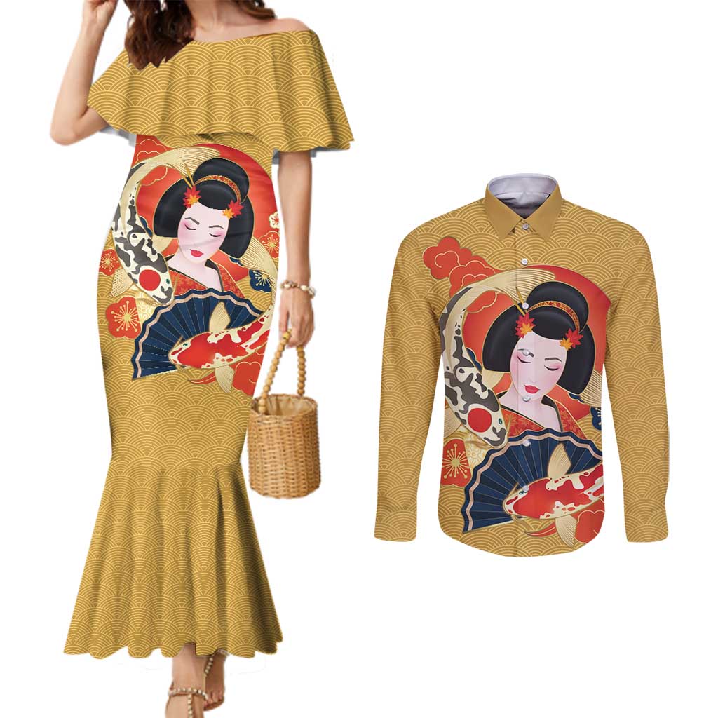 Japanese Geisha Koi Fish Couples Matching Mermaid Dress and Long Sleeve Button Shirt Cherry Blossoms Yellow Seigaiha Pattern LT14 Yellow - Polynesian Pride