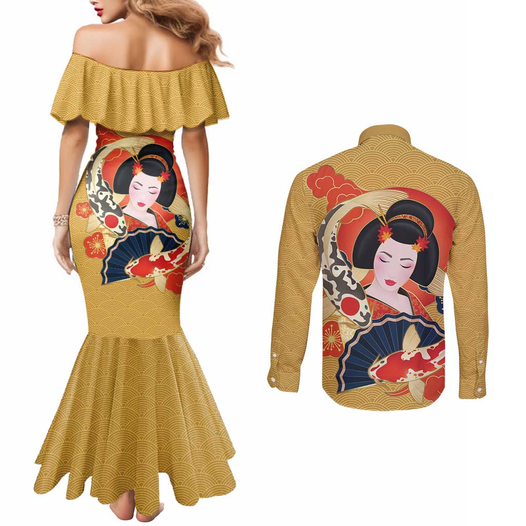 Japanese Geisha Koi Fish Couples Matching Mermaid Dress and Long Sleeve Button Shirt Cherry Blossoms Yellow Seigaiha Pattern LT14 - Polynesian Pride