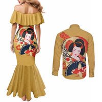 Japanese Geisha Koi Fish Couples Matching Mermaid Dress and Long Sleeve Button Shirt Cherry Blossoms Yellow Seigaiha Pattern LT14 - Polynesian Pride