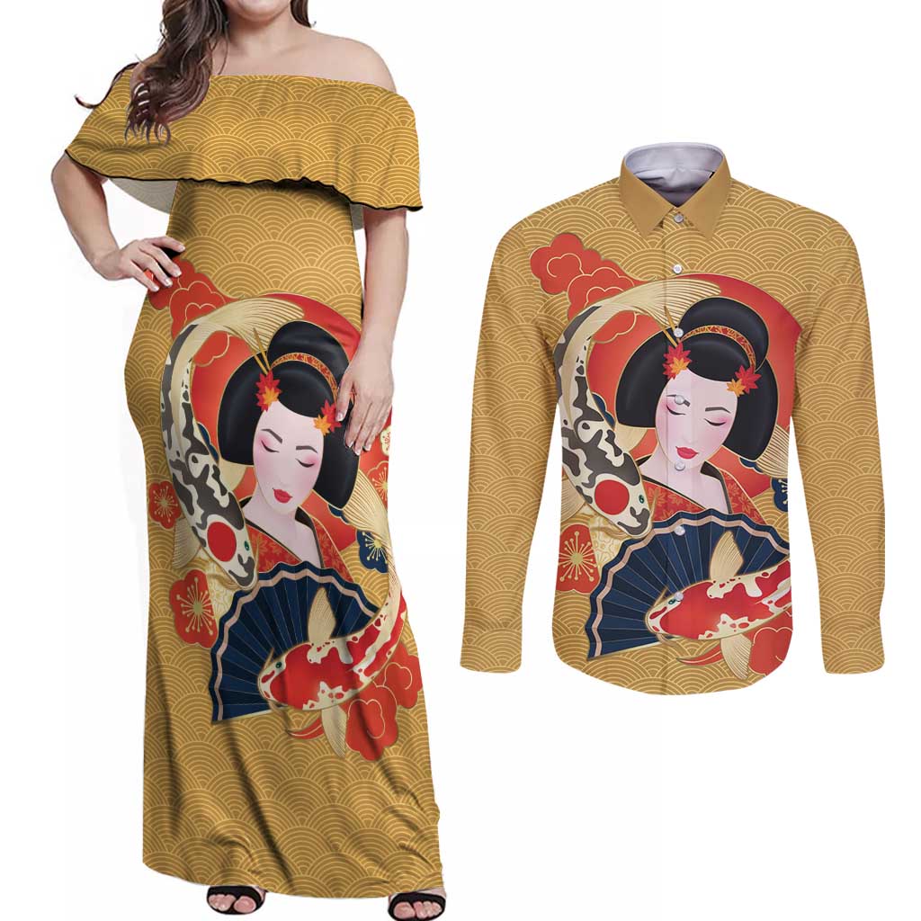 Japanese Geisha Koi Fish Couples Matching Off Shoulder Maxi Dress and Long Sleeve Button Shirt Cherry Blossoms Yellow Seigaiha Pattern - Polynesian Pride