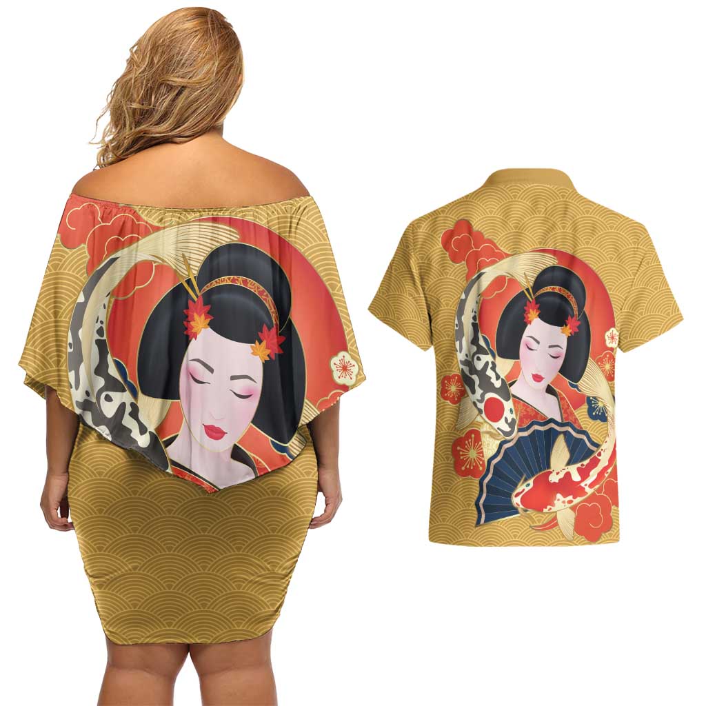 Japanese Geisha Koi Fish Couples Matching Off Shoulder Short Dress and Hawaiian Shirt Cherry Blossoms Yellow Seigaiha Pattern - Polynesian Pride