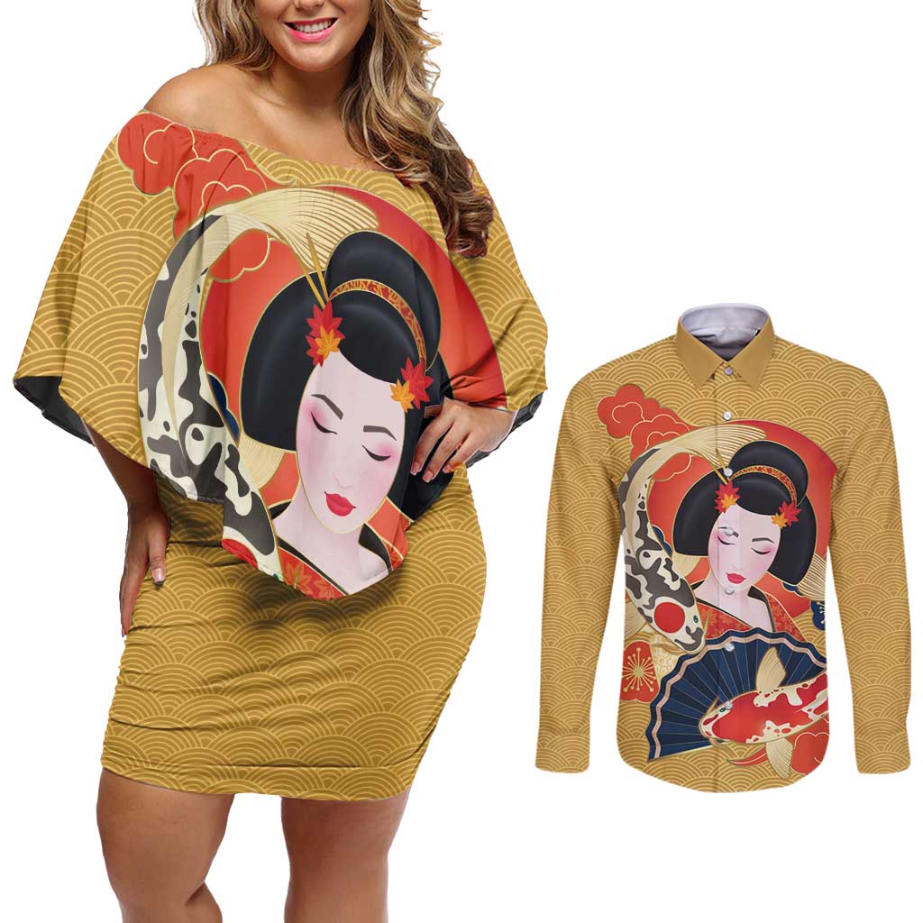 Japanese Geisha Koi Fish Couples Matching Off Shoulder Short Dress and Long Sleeve Button Shirt Cherry Blossoms Yellow Seigaiha Pattern - Polynesian Pride