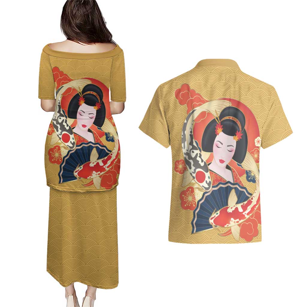 Japanese Geisha Koi Fish Couples Matching Puletasi and Hawaiian Shirt Cherry Blossoms Yellow Seigaiha Pattern - Polynesian Pride