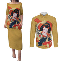 Japanese Geisha Koi Fish Couples Matching Puletasi and Long Sleeve Button Shirt Cherry Blossoms Yellow Seigaiha Pattern - Polynesian Pride