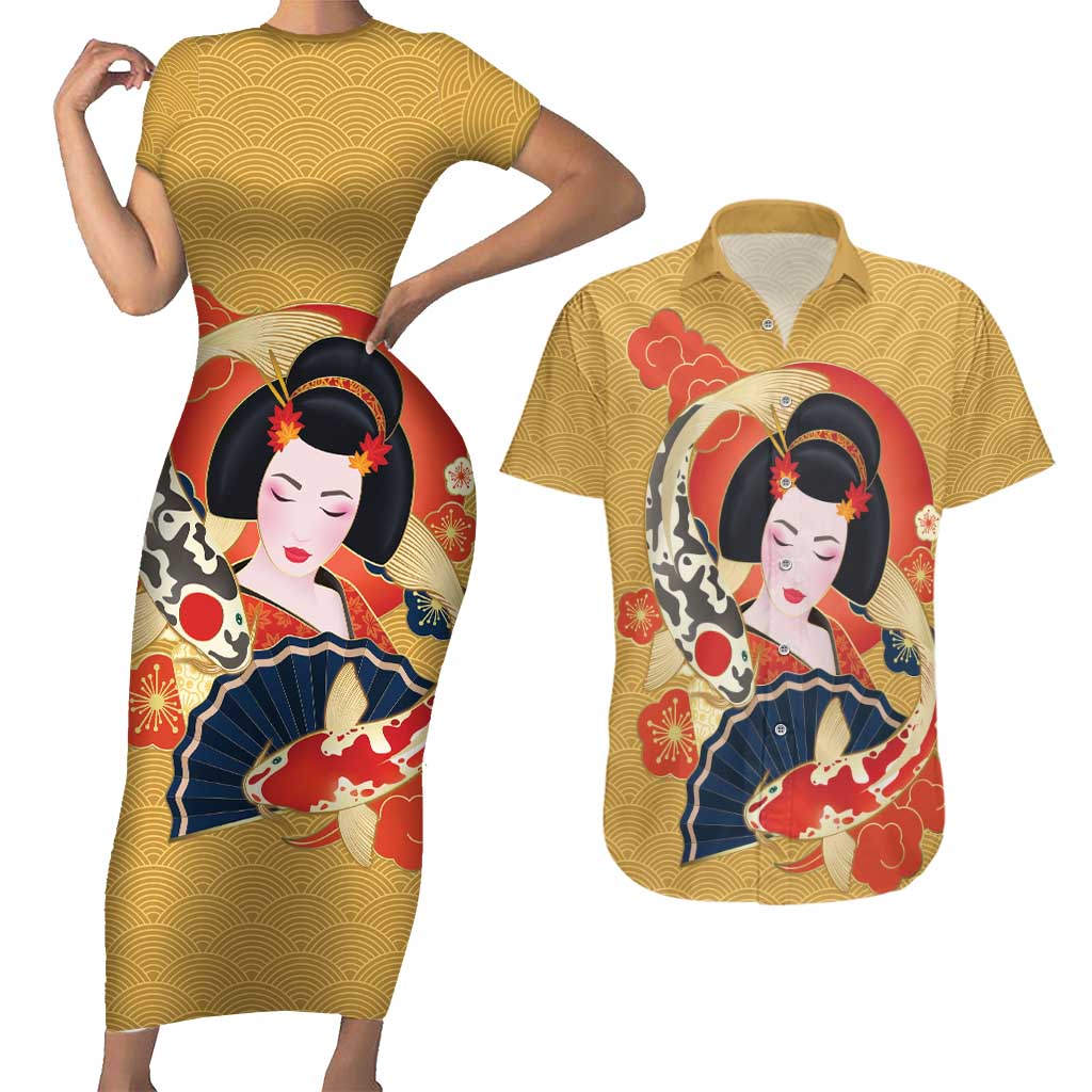 Japanese Geisha Koi Fish Couples Matching Short Sleeve Bodycon Dress and Hawaiian Shirt Cherry Blossoms Yellow Seigaiha Pattern - Polynesian Pride