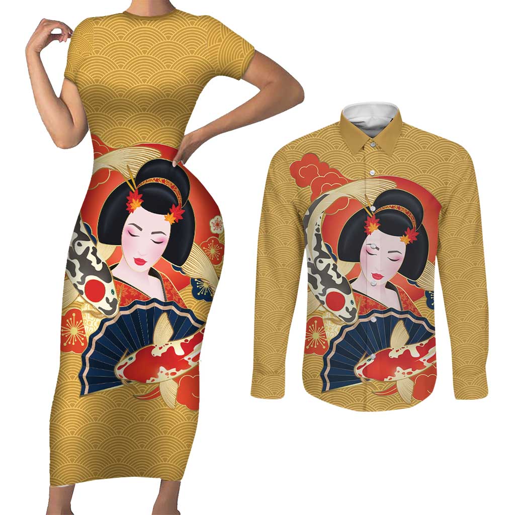 Japanese Geisha Koi Fish Couples Matching Short Sleeve Bodycon Dress and Long Sleeve Button Shirt Cherry Blossoms Yellow Seigaiha Pattern - Polynesian Pride